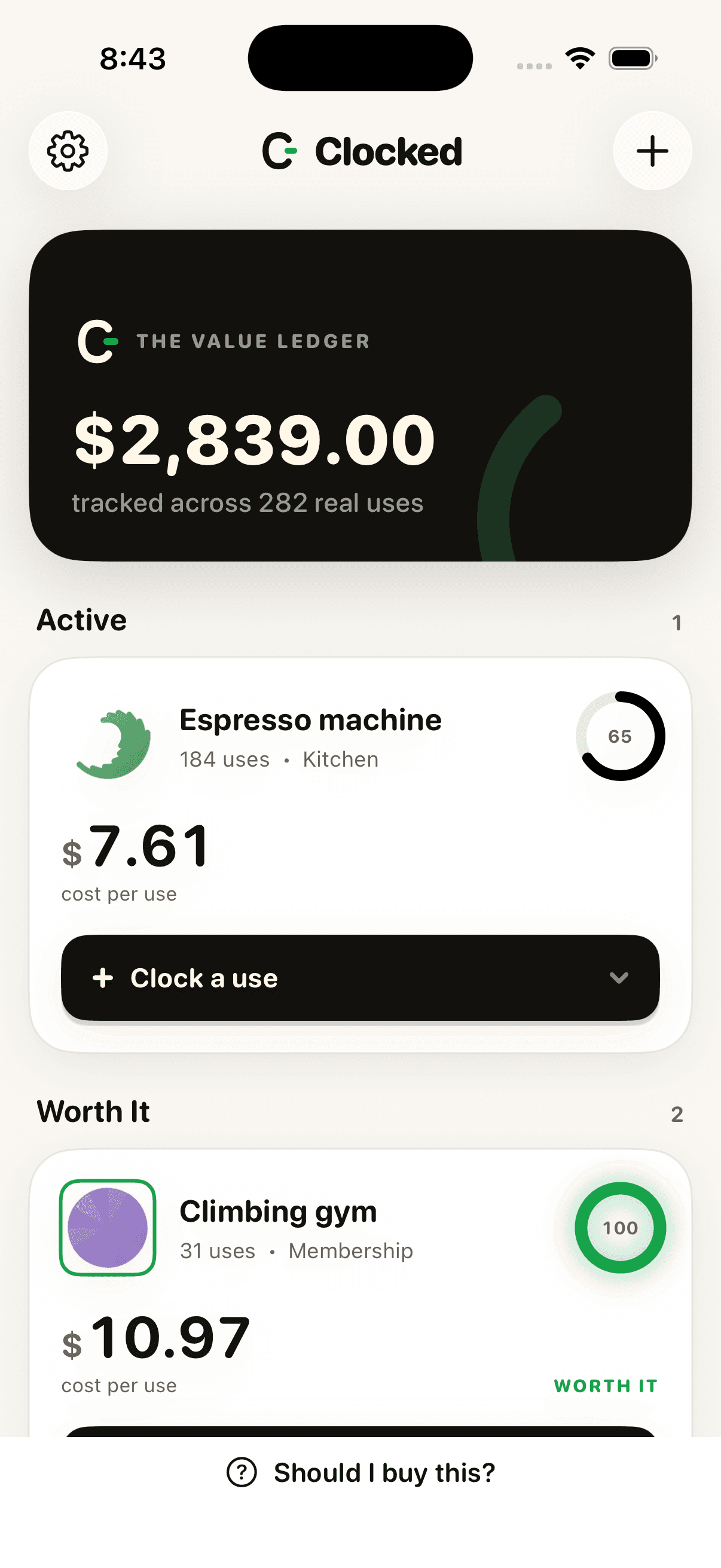Clocked home screen with a value ledger and tracked purchases