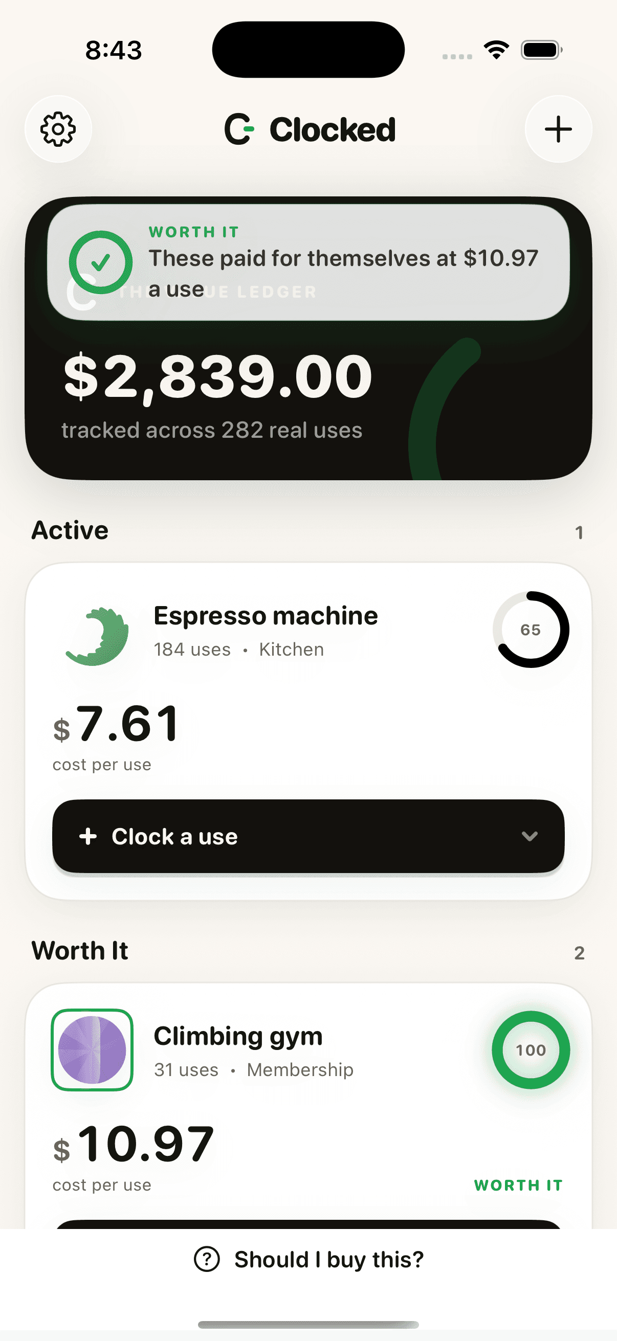 Clocked screen showing a purchase that has paid for itself